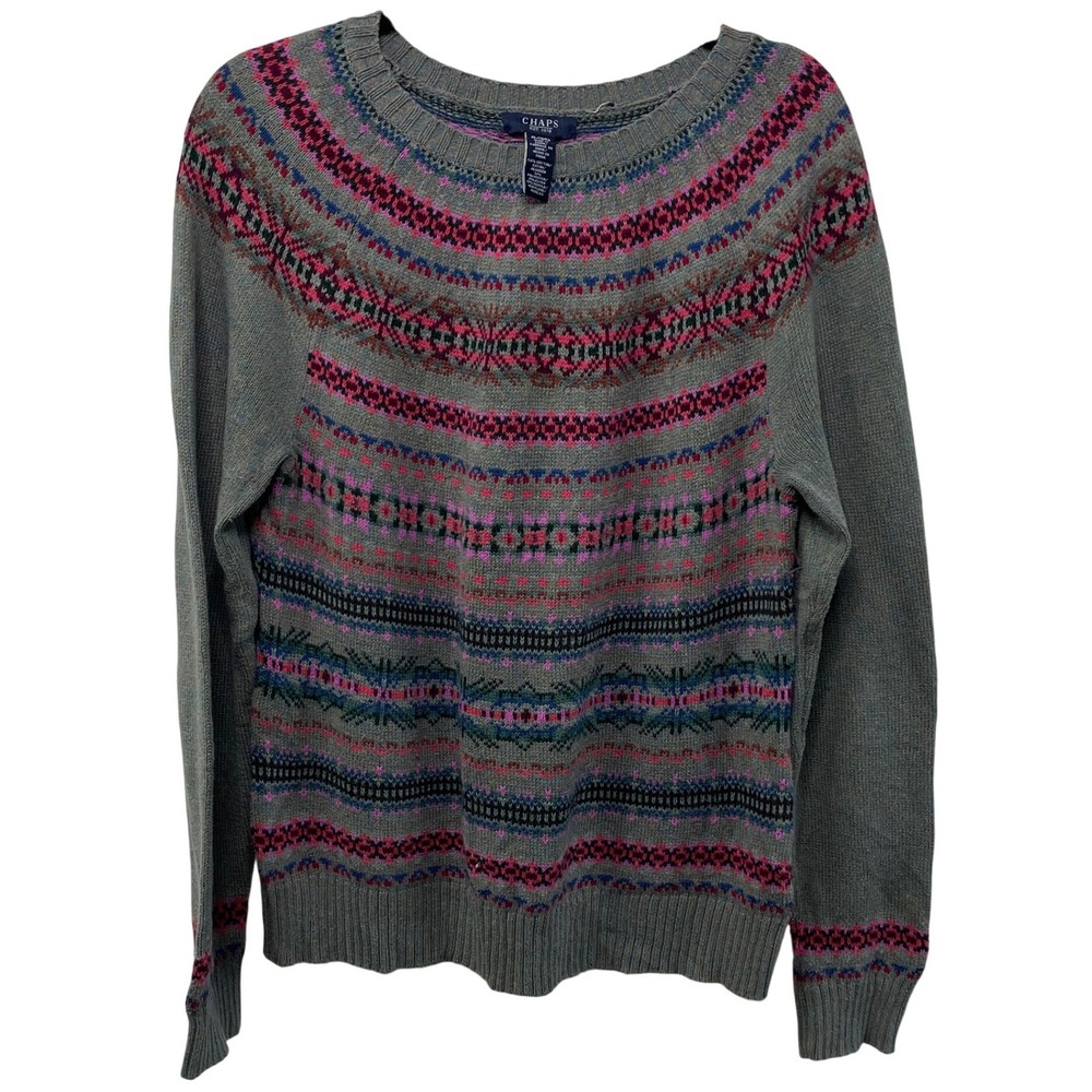 Chaps Womens Gray Fair Isle Crewneck Sweater Cotton Blend Knit Nordic Lodge XL
